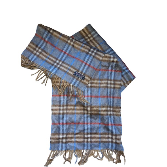 authentic vintage Burberry scarf check design 100% cashmere  blue brown red - Picture 1 of 3